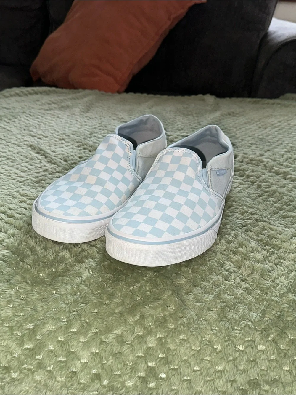Light Blue Checkered Vans Slip-On Sneakers